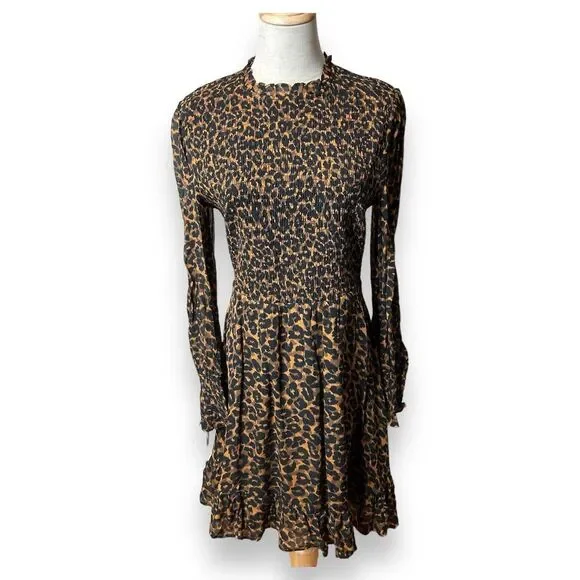 Whistles | Dresses | Whistles Classic Leopard Shirred Long Sleeve Mini Dress  Animal Print Sz | Poshmark